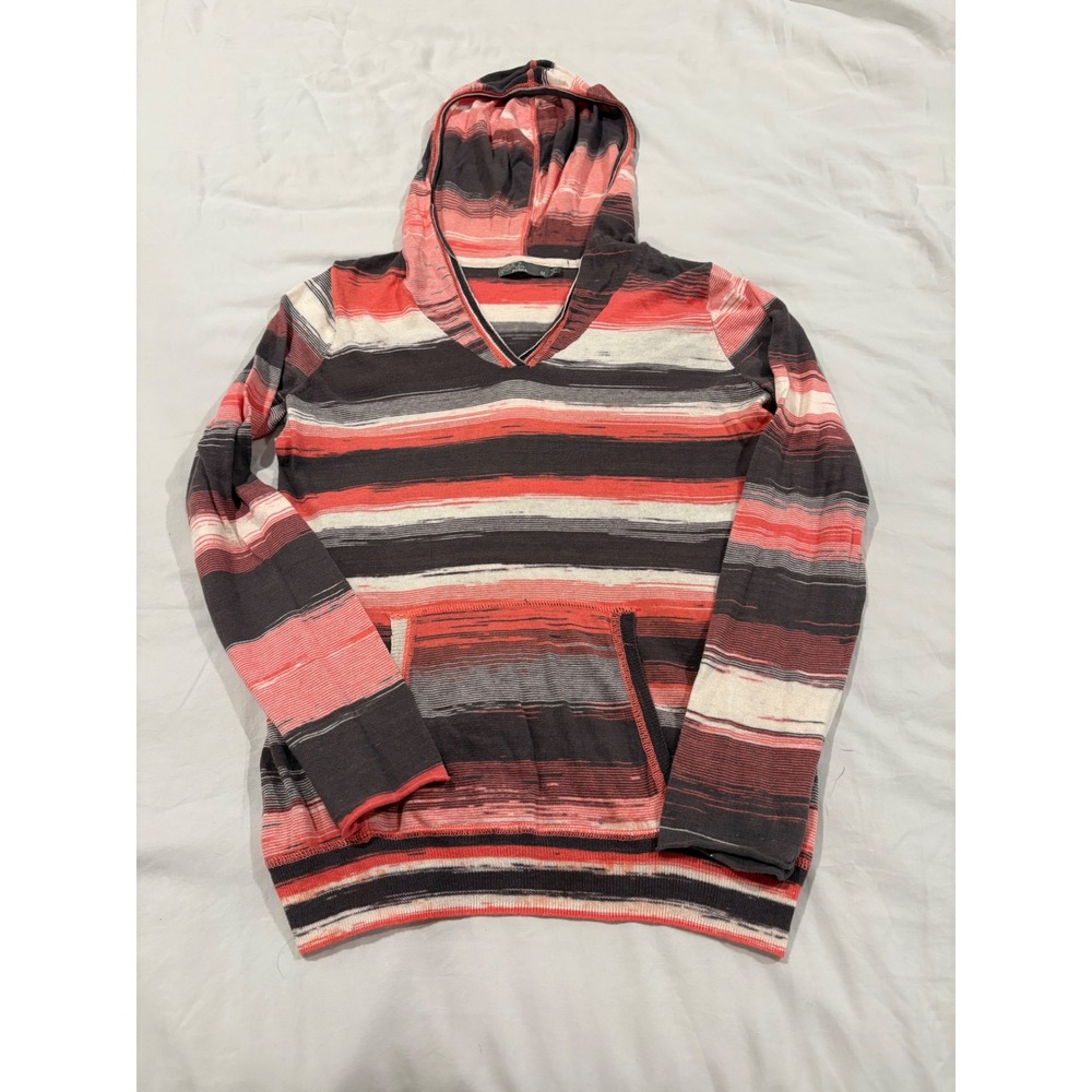 Prana Womens Striped Knit Hoodie Pullover Coral Charcoal Gray V-Neck W2117009 M